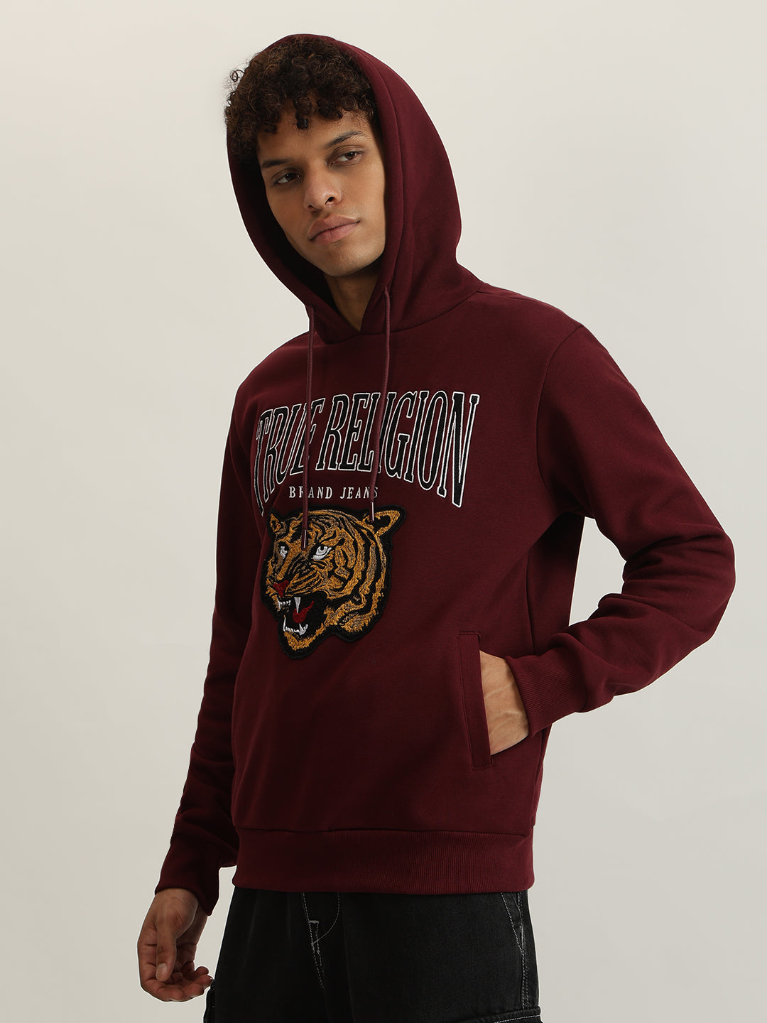 True Religion Men Maroon Embroidered Hooded Full Sleeves Sweatshirt