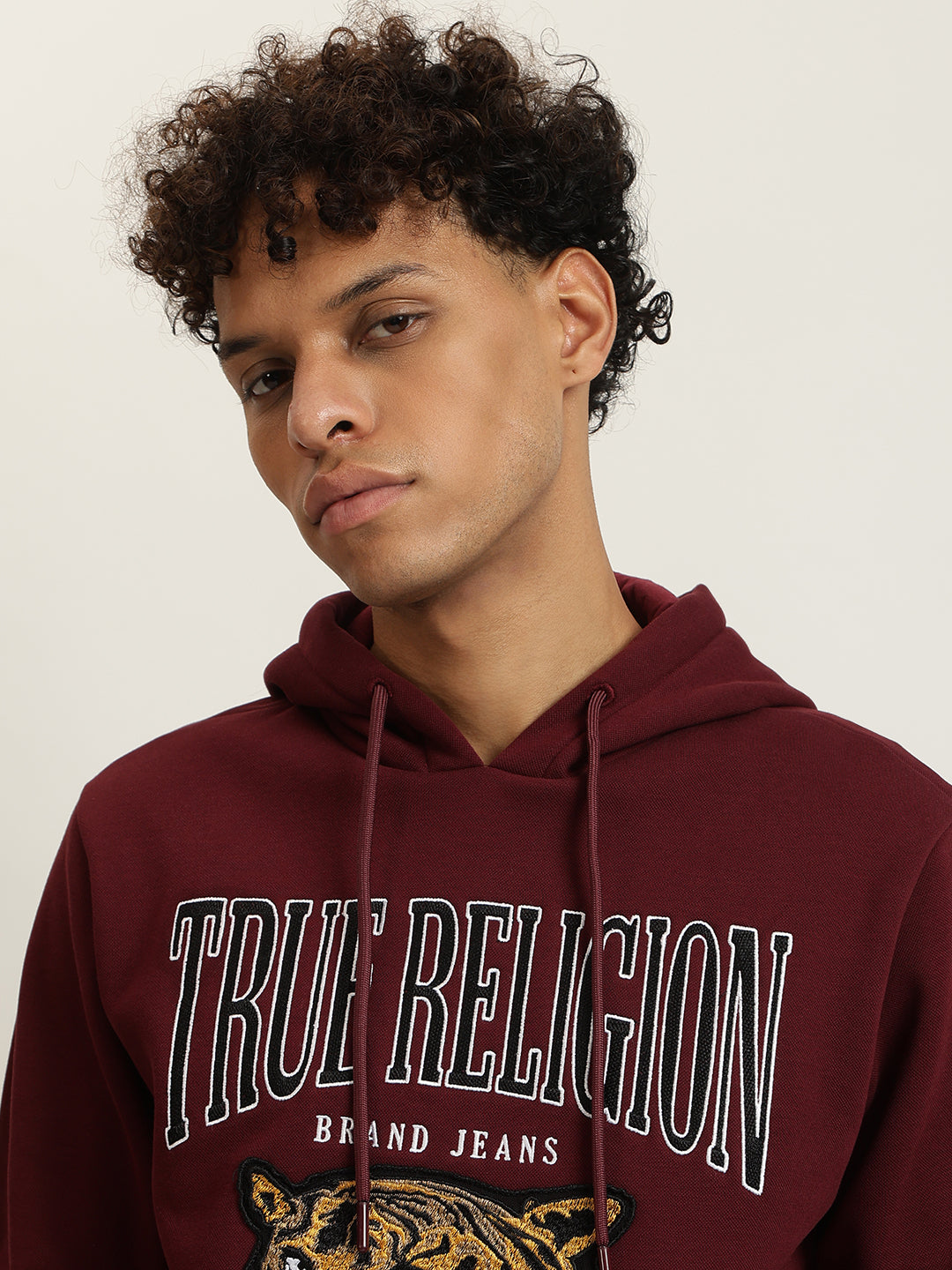 True Religion Men Maroon Embroidered Hooded Full Sleeves Sweatshirt