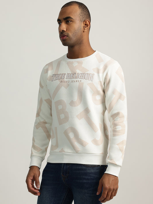 True Religion Men Cream Printed Round Neck Full Sleeves Sweatshirt