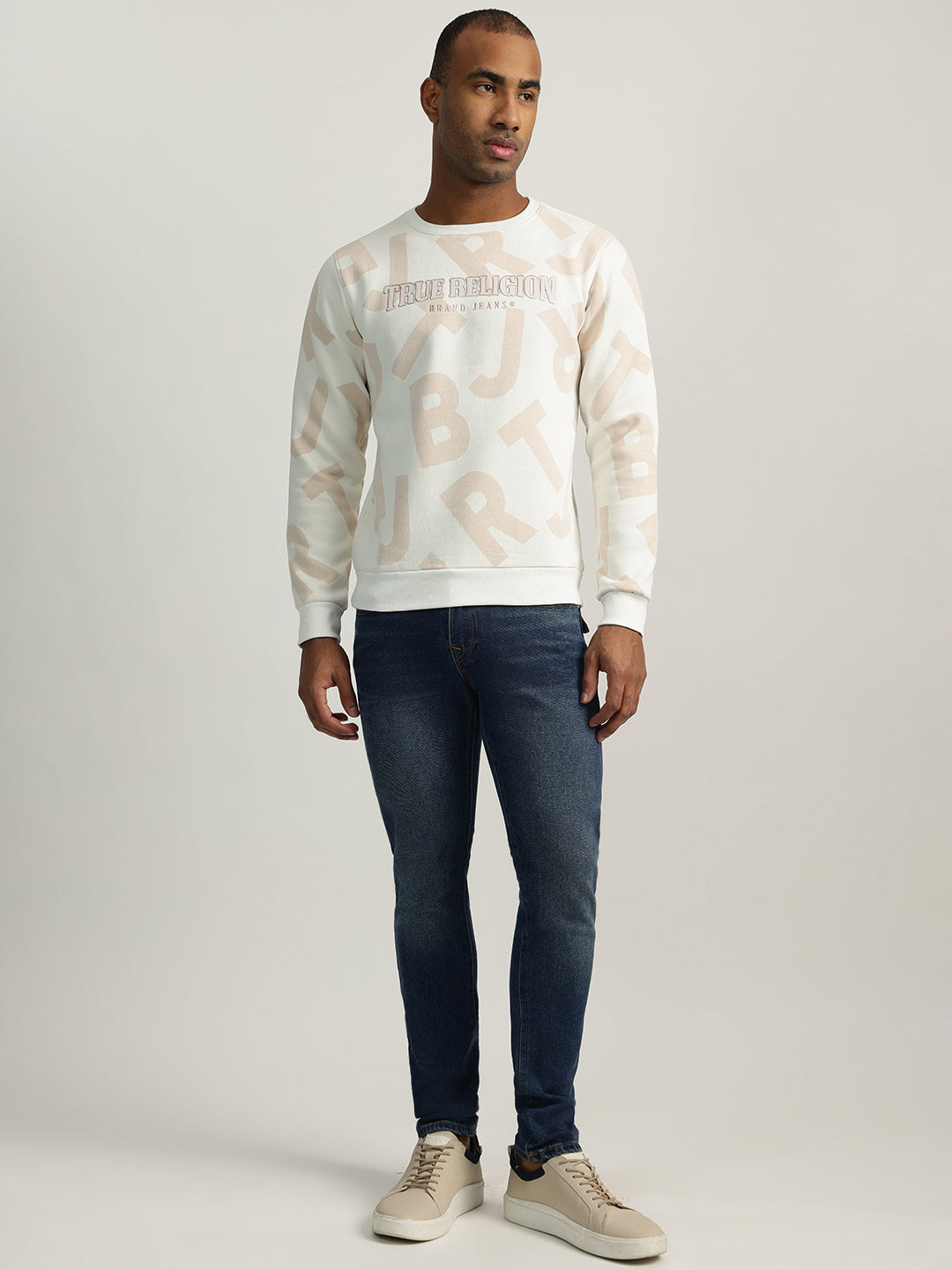 True Religion Men Cream Printed Round Neck Full Sleeves Sweatshirt