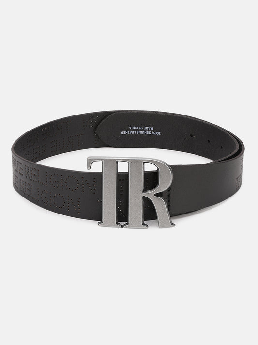 True Religion Men Black Textured Belt With Push Pin Buckle