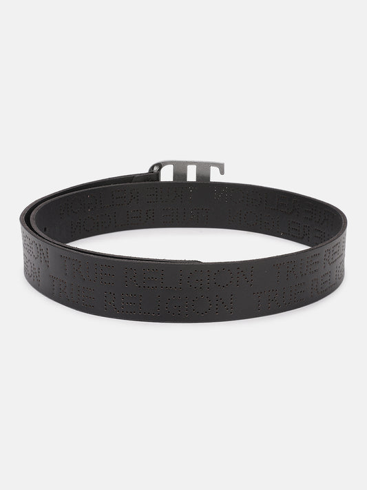 True Religion Men Black Textured Belt With Push Pin Buckle