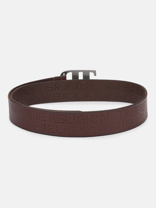 True Religion Men Brown Textured Belt With Push Pin Buckle