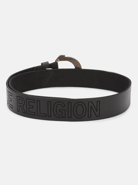 True Religion Men Black Printed Belt With Tang Buckle