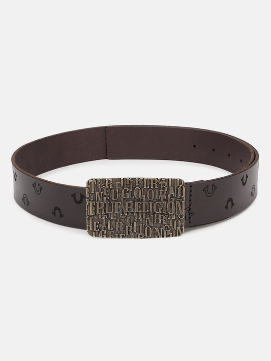 True Religion Men Brown Printed Belt With Push Pin Buckle