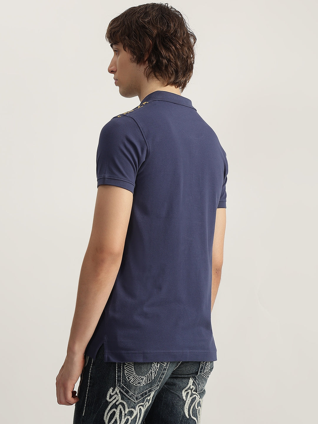 True Religion Men Blue Solid Polo Neck Short Sleeves T-Shirt