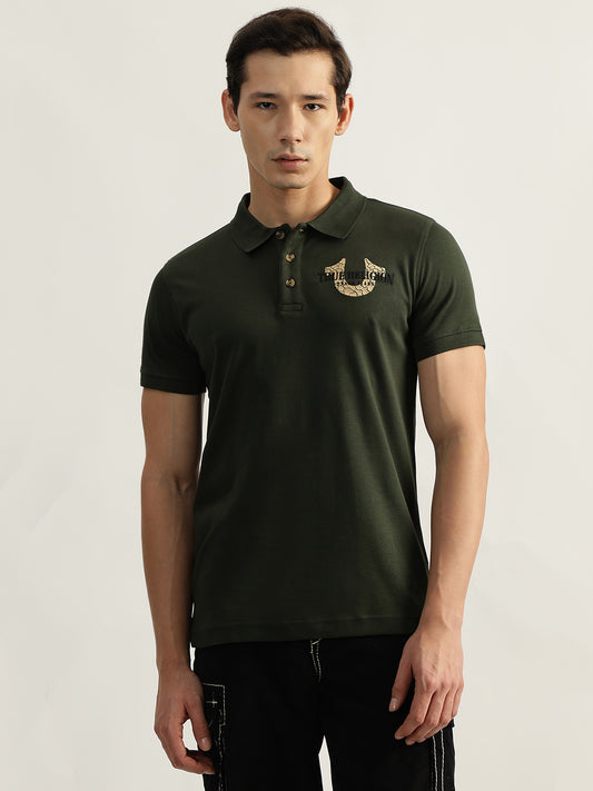 True Religion Men Olive Solid Polo Collar Short Sleeves T-Shirt