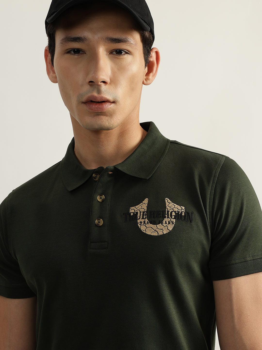 True Religion Men Olive Solid Polo Collar Short Sleeves T-Shirt