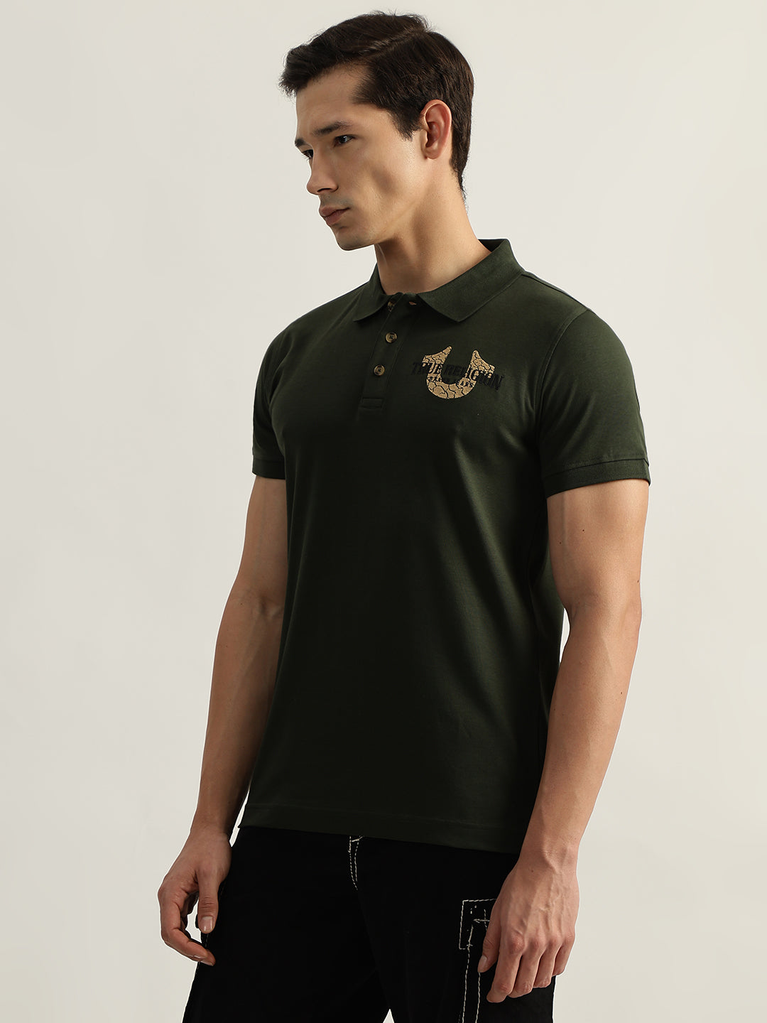 True Religion Men Olive Solid Polo Collar Short Sleeves T-Shirt