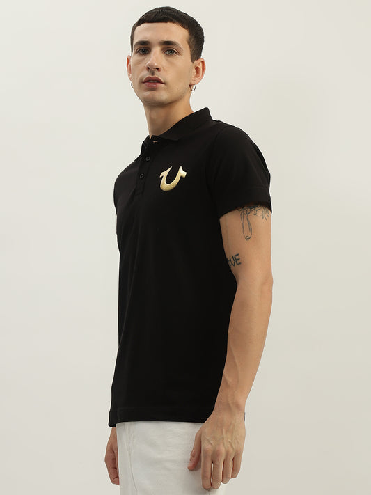 True Religion Men Black Solid Polo Collar Short Sleeves Polo T-Shirt