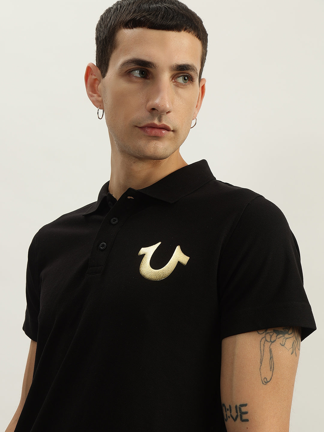 True Religion Men Black Solid Polo Collar Short Sleeves Polo T-Shirt