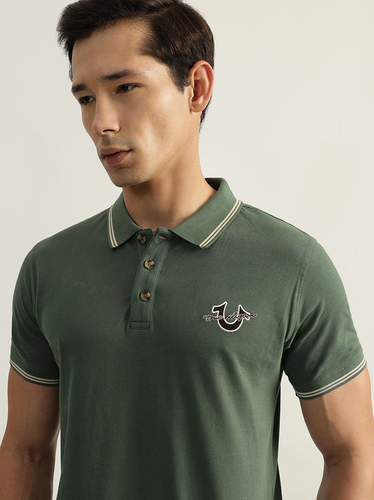 True Religion Men Green Solid Polo Collar Short Sleeves T-Shirt