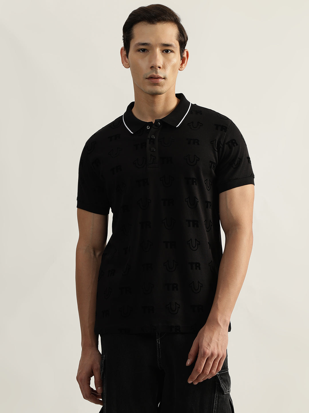 True Religion Men Black Printed Polo Collar Short Sleeves T-Shirt