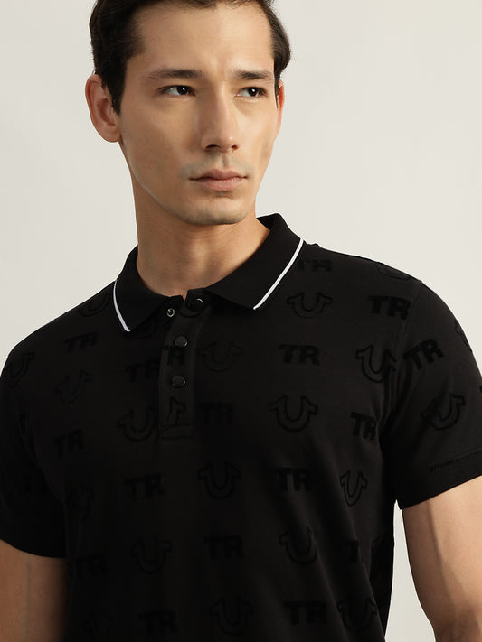 True Religion Men Black Printed Polo Collar Short Sleeves T-Shirt