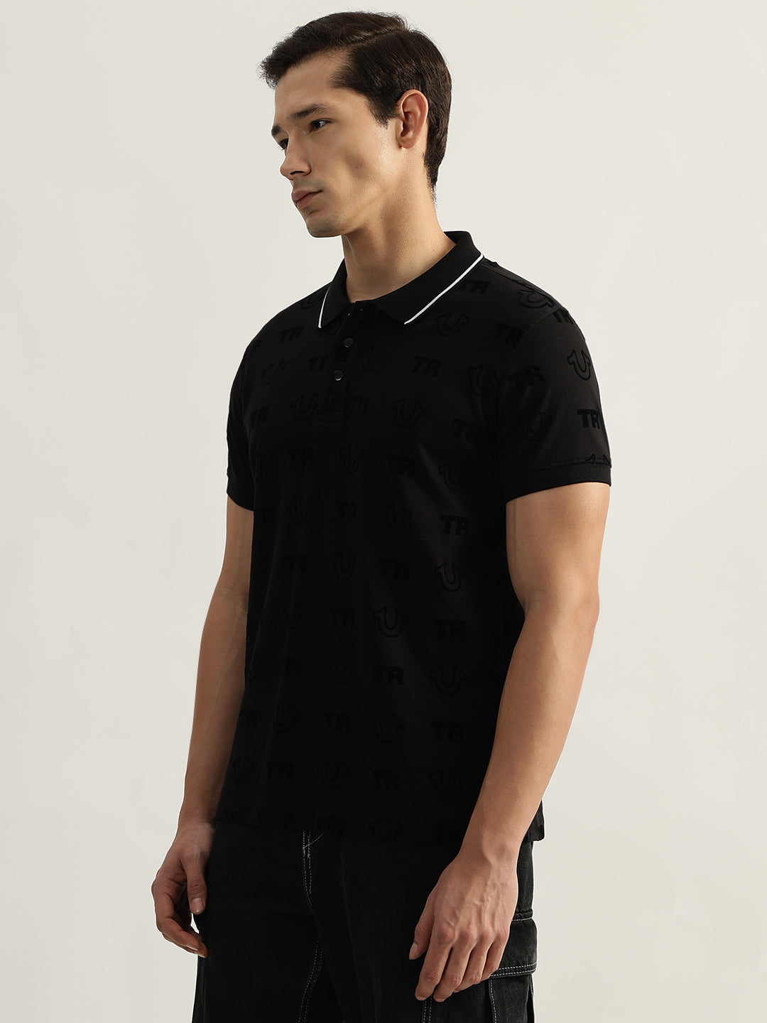 True Religion Men Black Printed Polo Collar Short Sleeves T-Shirt