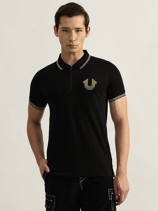 True Religion Men Black Solid Polo Collar Short Sleeves T-Shirt