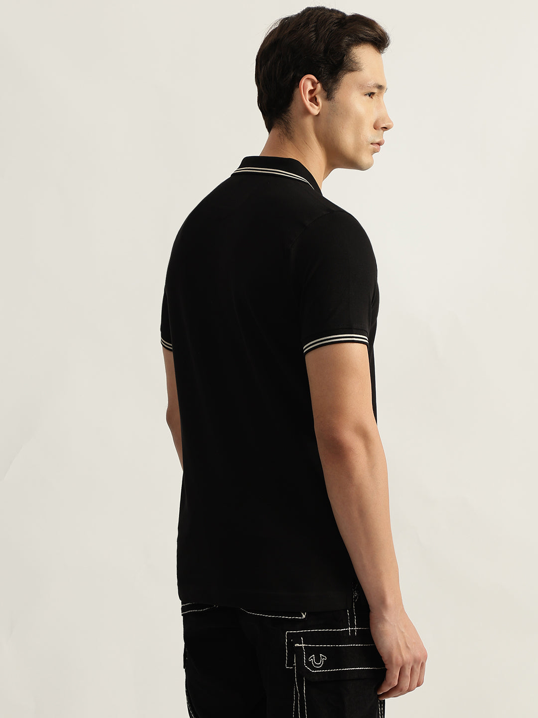 True Religion Men Black Solid Polo Collar Short Sleeves T-Shirt