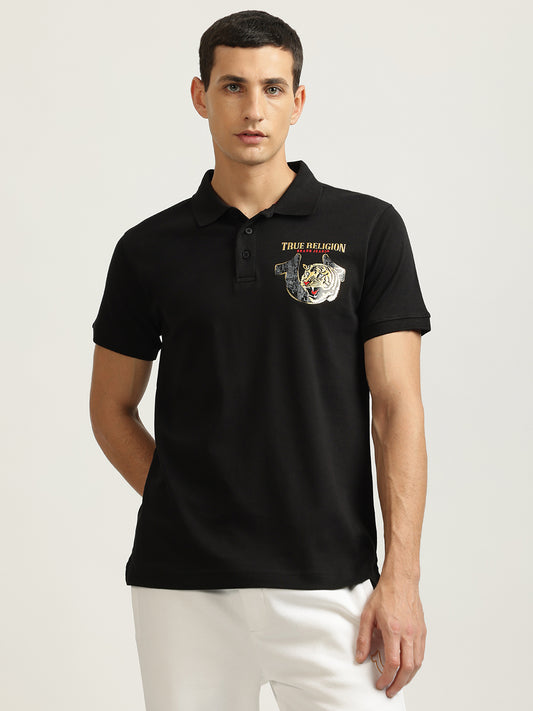 True Religion Men Black Solid Polo Collar Short Sleeves T-shirt