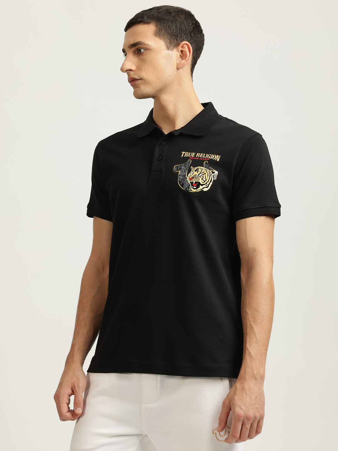 True Religion Men Black Solid Polo Collar Short Sleeves T-shirt