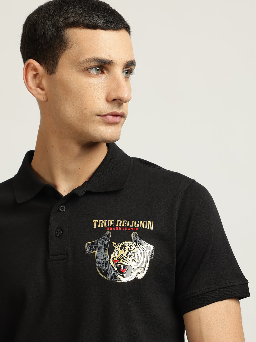 True Religion Men Black Solid Polo Collar Short Sleeves T-shirt