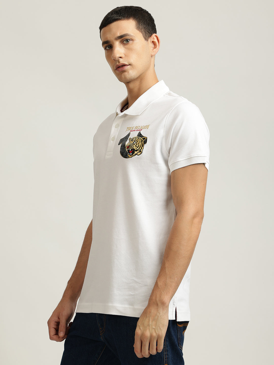 True Religion Men White Solid Polo Collar Short Sleeves T-shirt