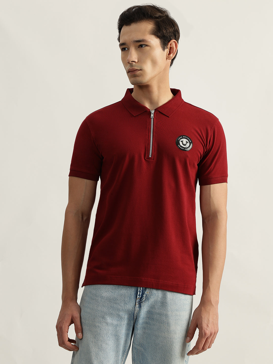 True Religion Men Red Solid Polo Collar Short Sleeves T-Shirt