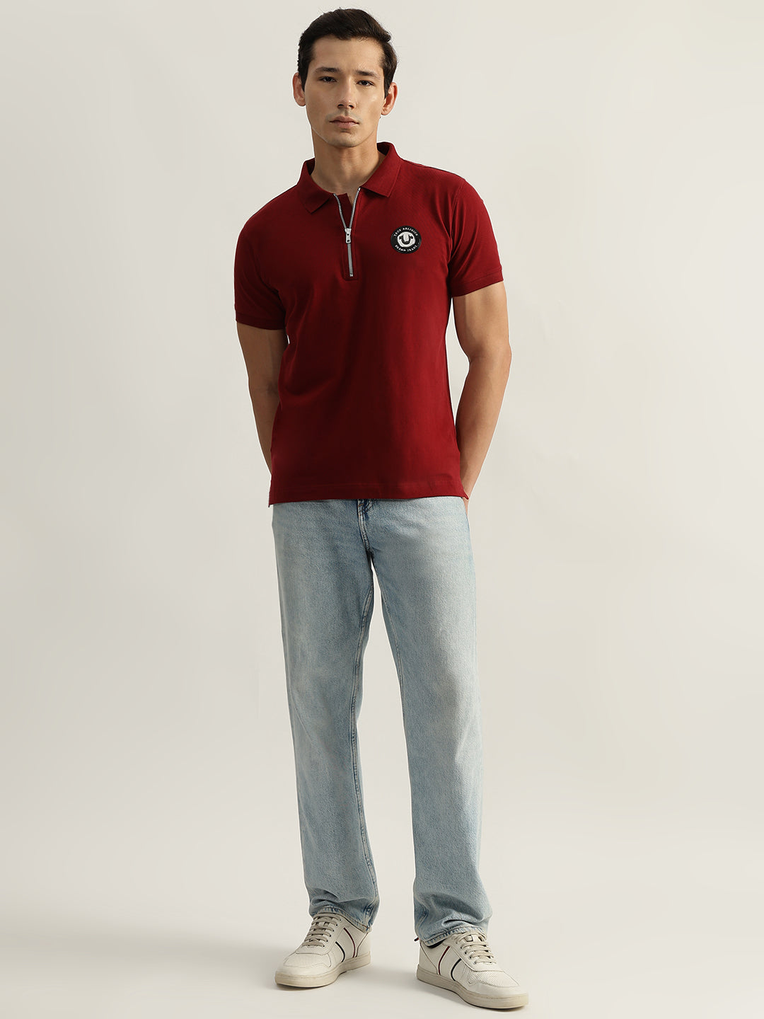 True Religion Men Red Solid Polo Collar Short Sleeves T-Shirt