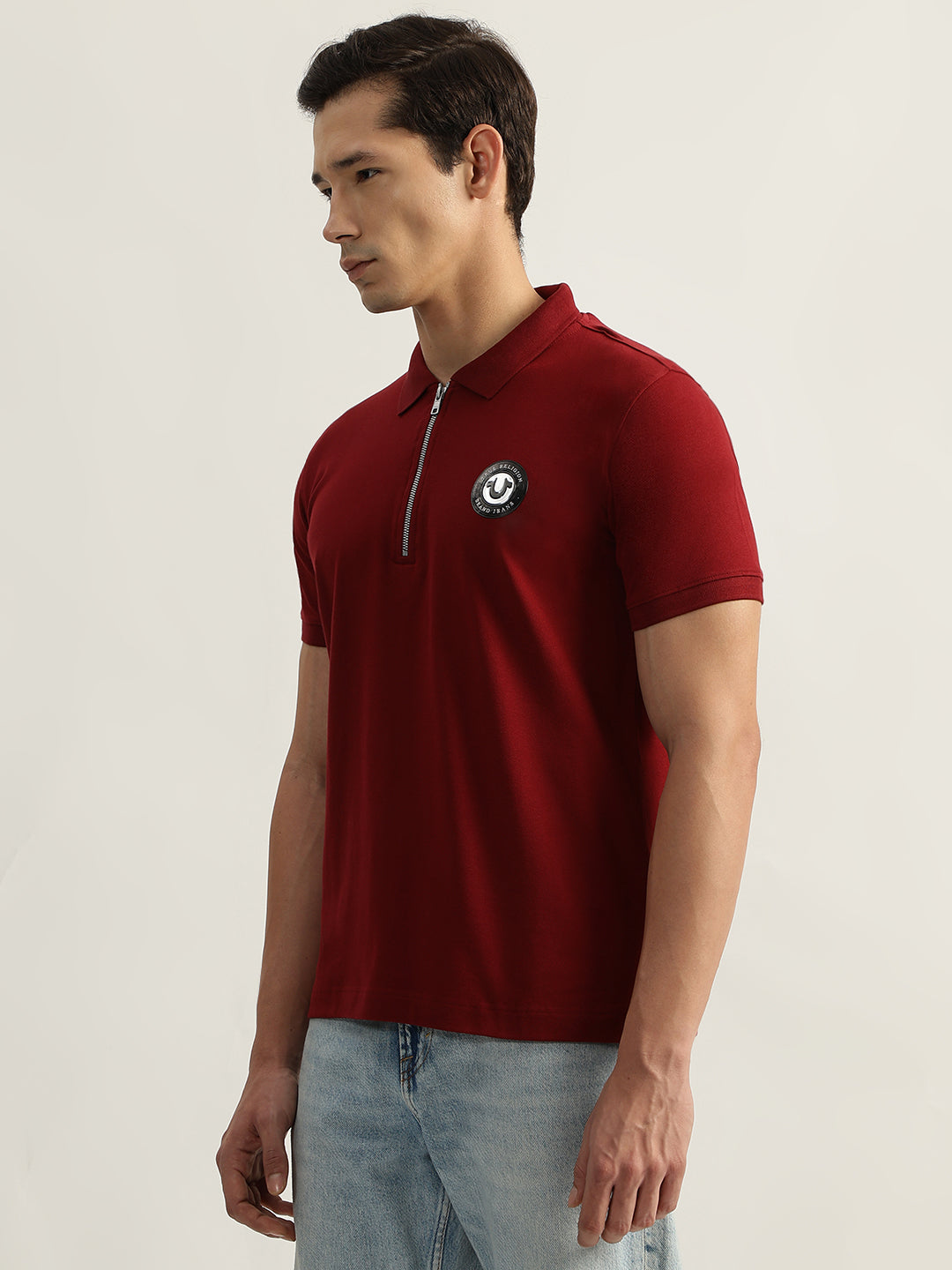 True Religion Men Red Solid Polo Collar Short Sleeves T-Shirt