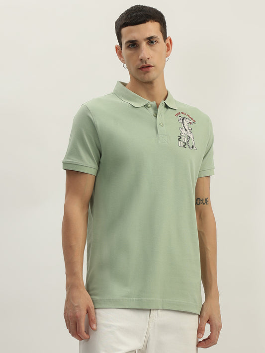 True Religion Men Green Solid Polo Collar Short Sleeves Polo T-Shirt