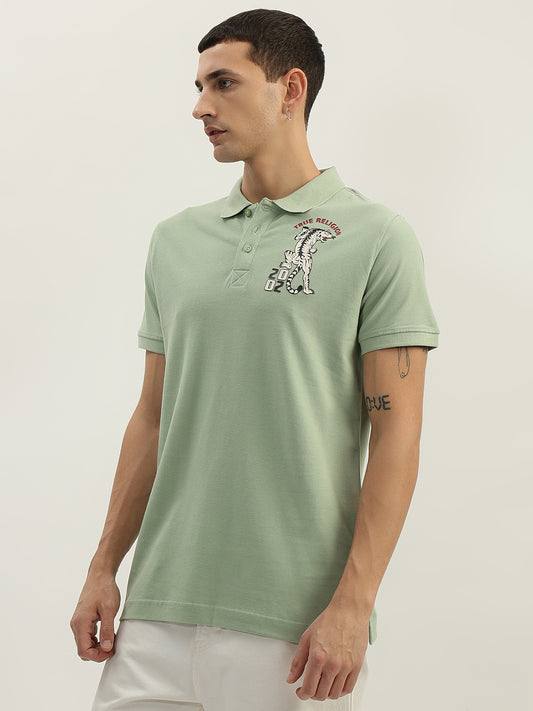 True Religion Men Green Solid Polo Collar Short Sleeves Polo T-Shirt