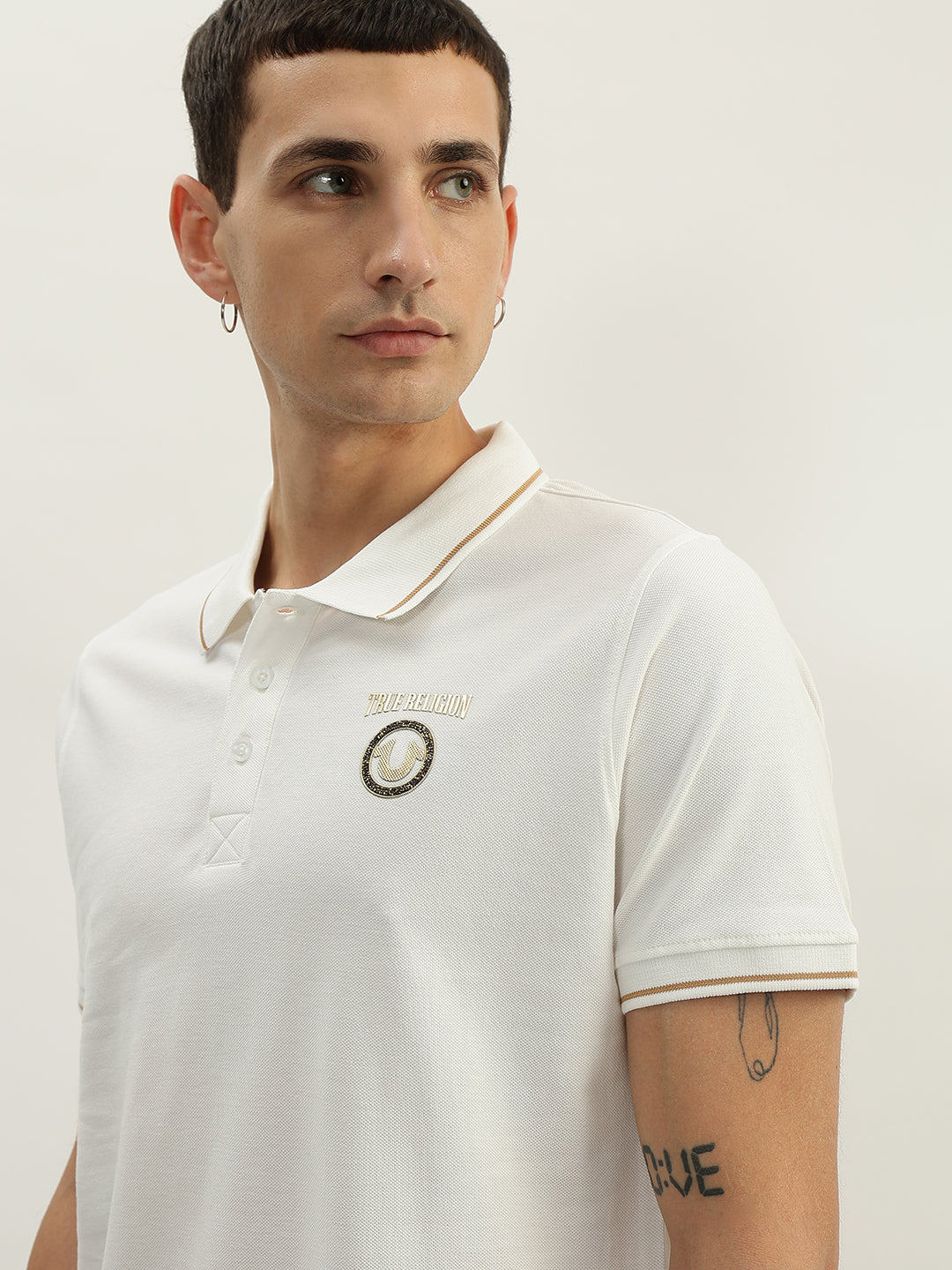 True Religion Men White Solid Polo Collar Short Sleeves Polo T-Shirt