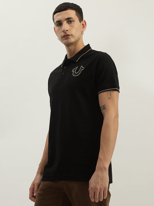 True Religion Men Black Solid Polo Collar Short Sleeves Polo T-Shirt