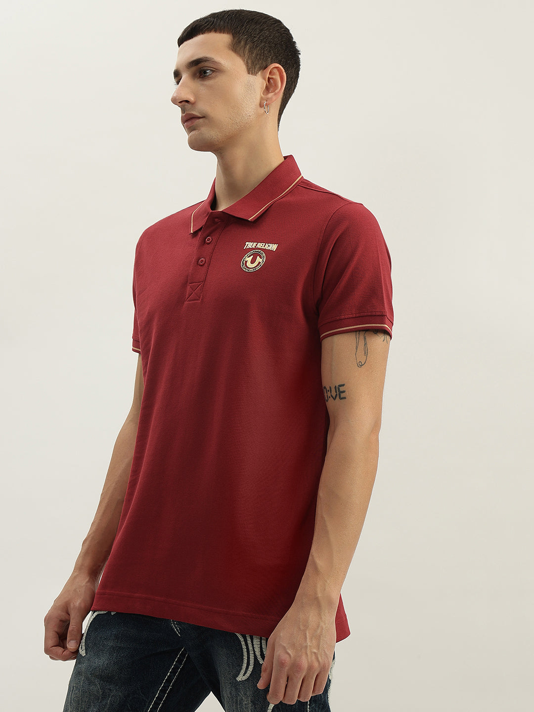 True Religion Men Red Solid Polo Collar Short Sleeves Polo T-Shirt