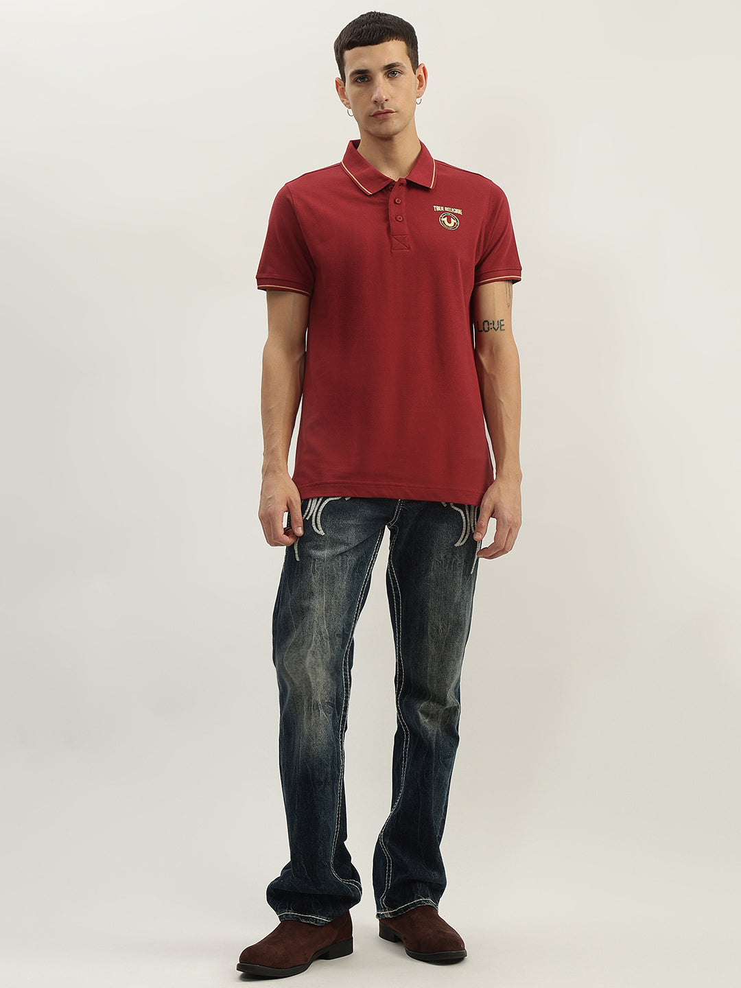 True Religion Men Red Solid Polo Collar Short Sleeves Polo T-Shirt