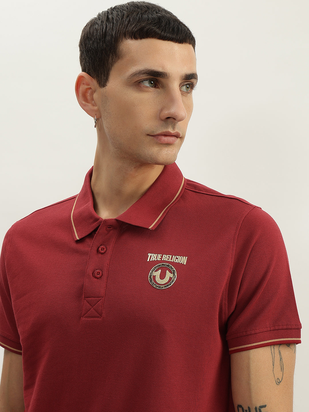 True Religion Men Red Solid Polo Collar Short Sleeves Polo T-Shirt