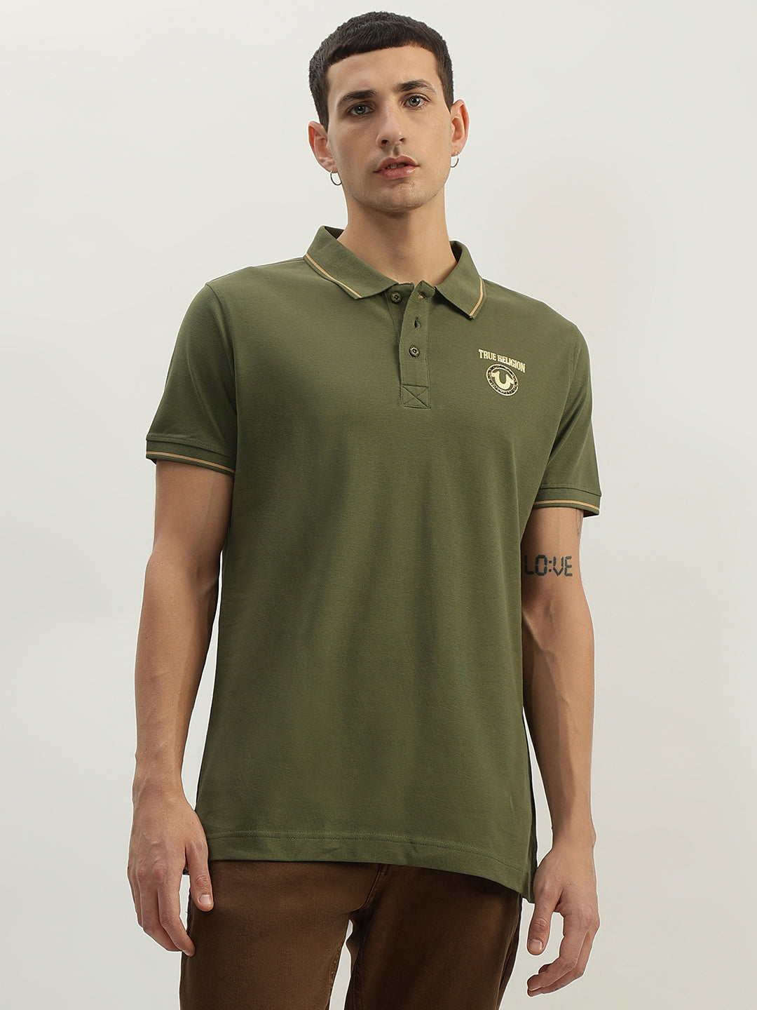 True Religion Men Green Solid Polo Collar Short Sleeves Polo T-Shirt