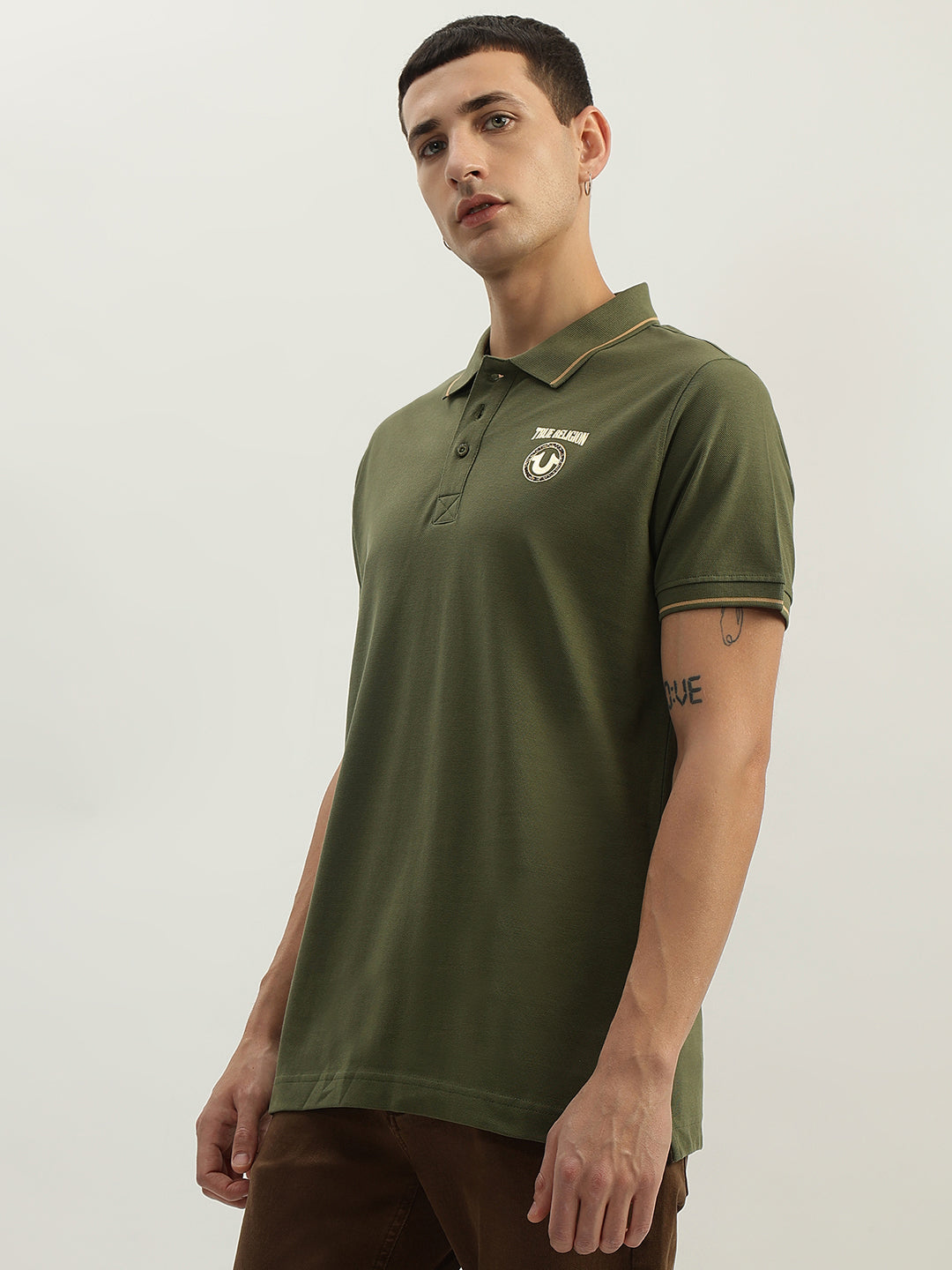 True Religion Men Green Solid Polo Collar Short Sleeves Polo T-Shirt