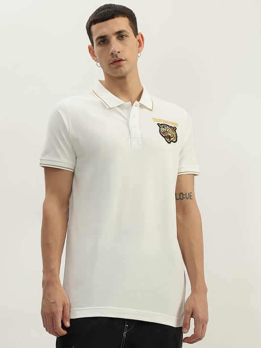 True Religion Men White Solid Polo Collar Short Sleeves Polo T-Shirt