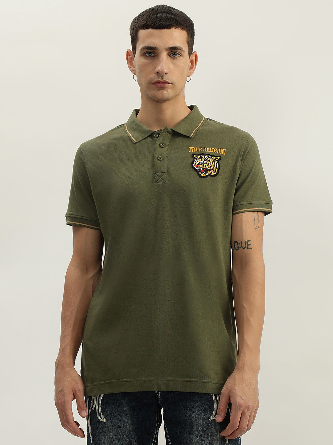 True Religion Men Green Solid Polo Collar Short Sleeves Polo T-Shirt