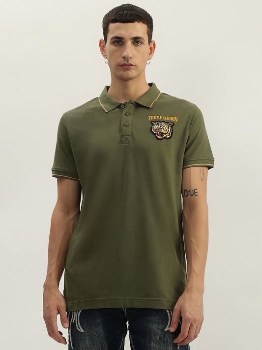 True Religion Men Green Solid Polo Collar Short Sleeves Polo T-Shirt