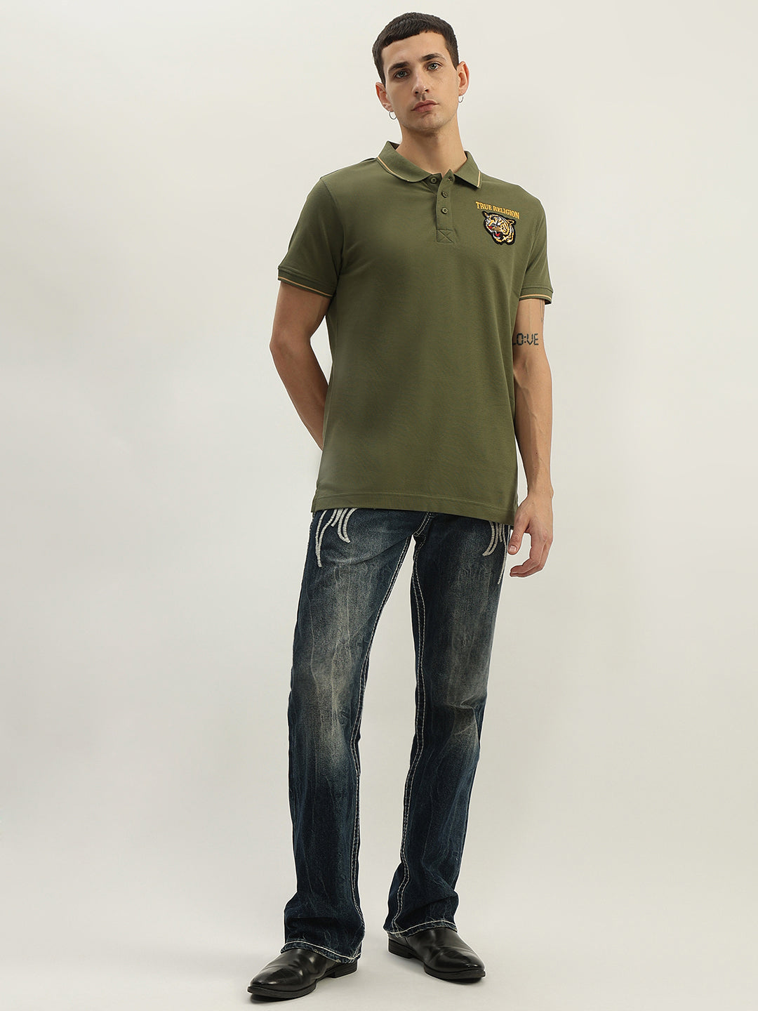 True Religion Men Green Solid Polo Collar Short Sleeves Polo T-Shirt