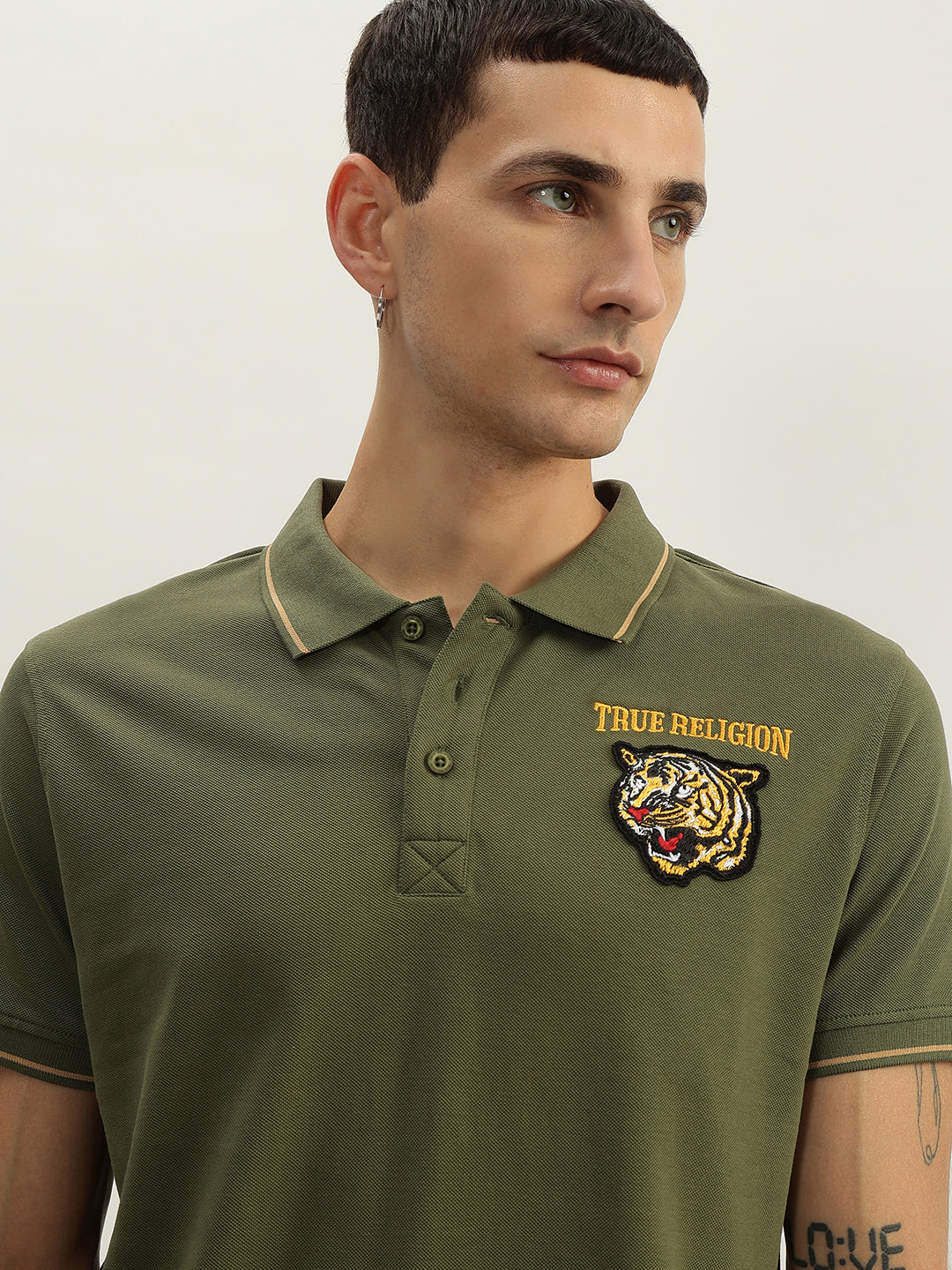 True Religion Men Green Solid Polo Collar Short Sleeves Polo T-Shirt