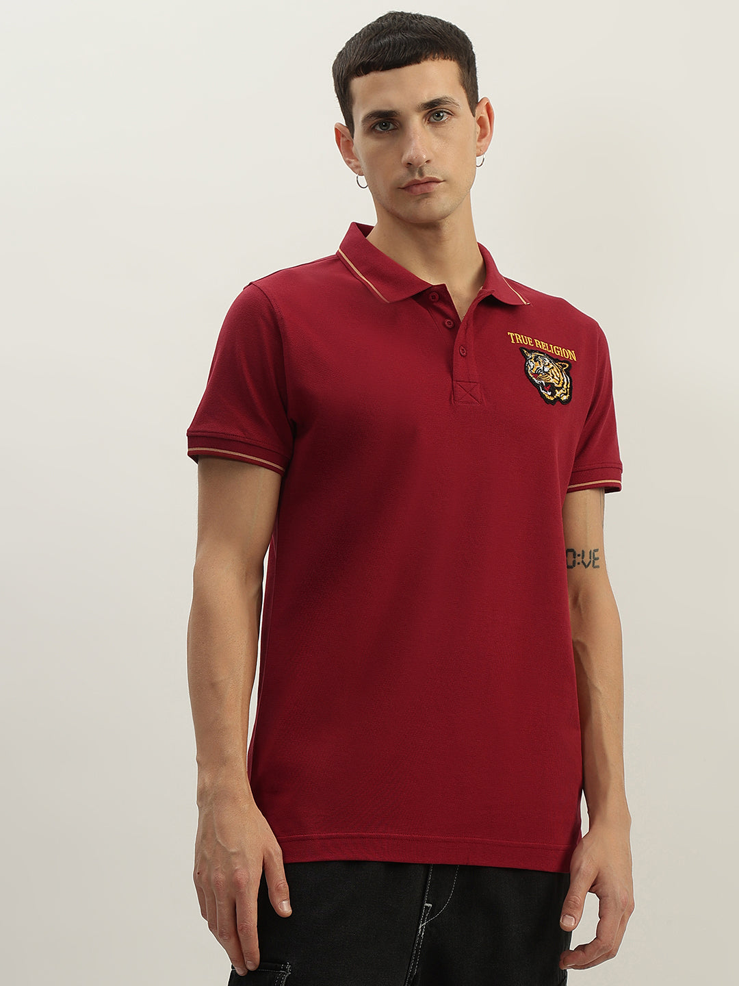 True Religion Men Red Solid Polo Collar Short Sleeves Polo T-Shirt