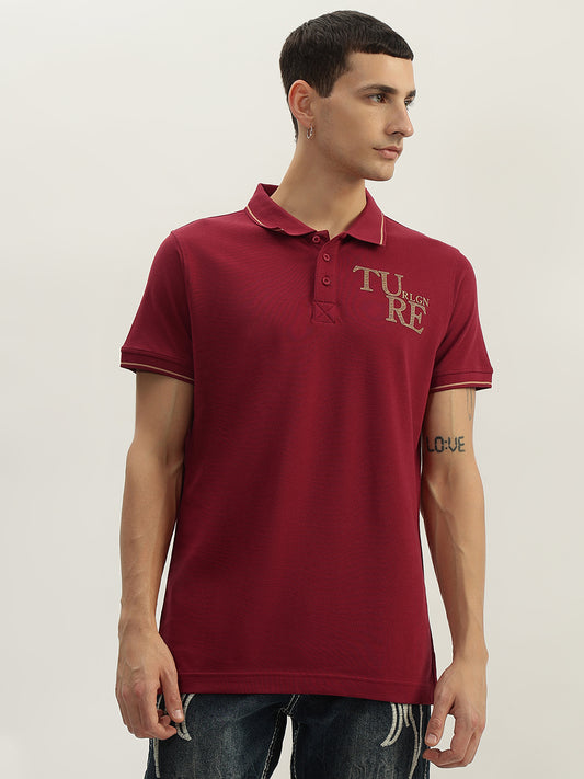 True Religion Men Red Solid Polo Collar Short Sleeves Polo T-Shirt