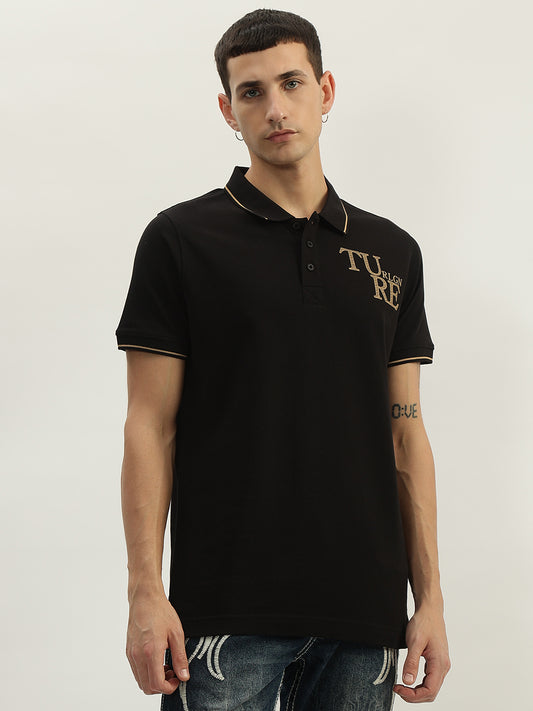 True Religion Men Black Solid Polo Collar Short Sleeves Polo T-Shirt