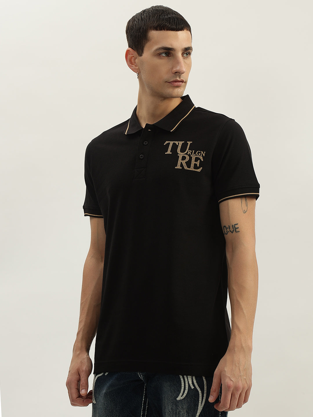 True Religion Men Black Solid Polo Collar Short Sleeves Polo T-Shirt