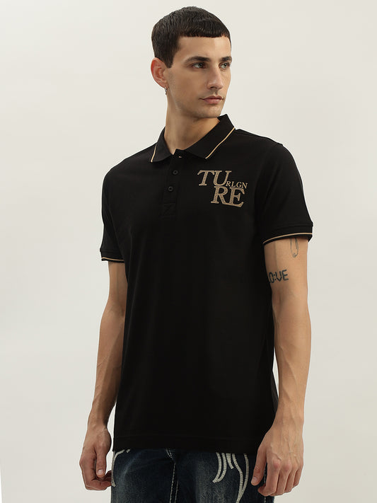 True Religion Men Black Solid Polo Collar Short Sleeves Polo T-Shirt