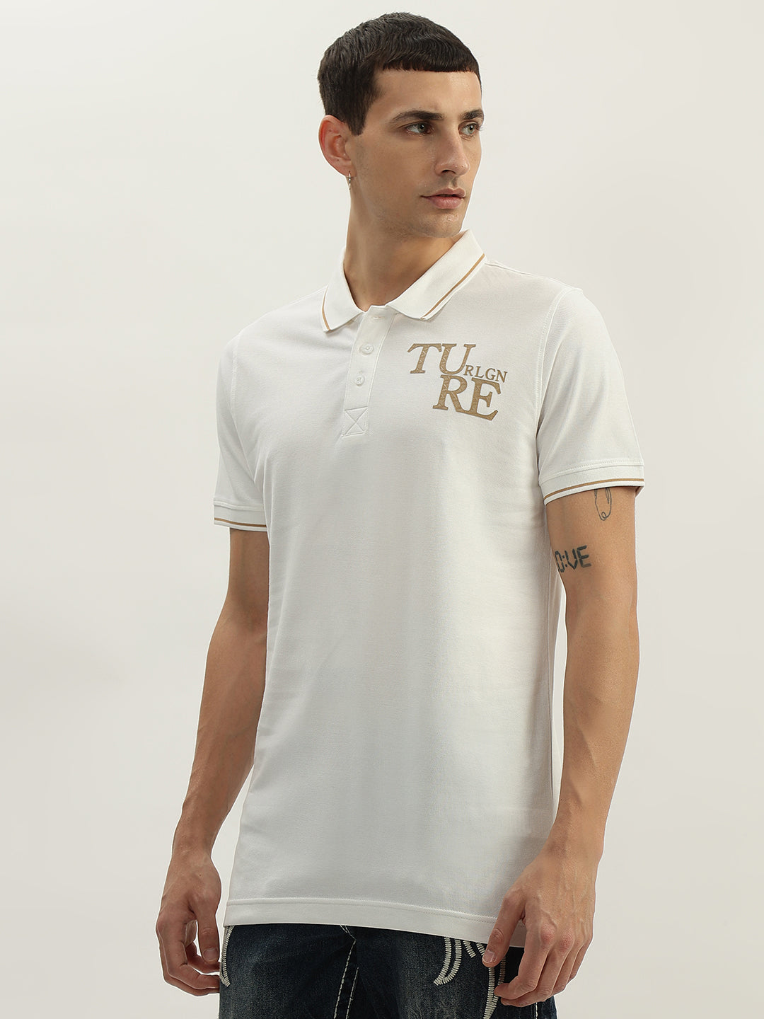 True Religion Men White Solid Polo Collar Short Sleeves Polo T-Shirt