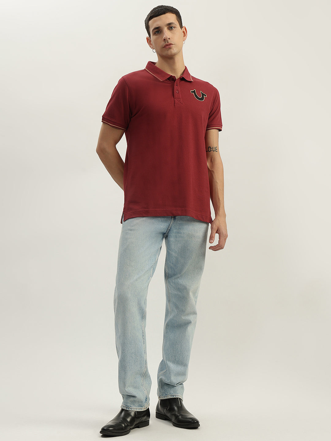 True Religion Men Red Solid Polo Collar Short Sleeves Polo T-Shirt