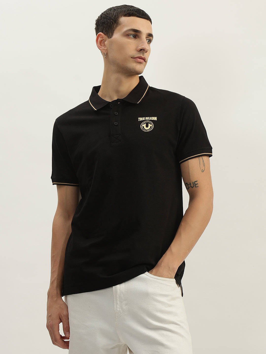 True Religion Men Black Solid Polo Collar Short Sleeves Polo T-Shirt